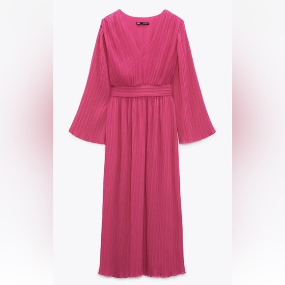 NWT Zara Fuchsia Pleated V-Neck Midi Dress Barbie‎ Hot Pink Size Large - Picture 1 of 11